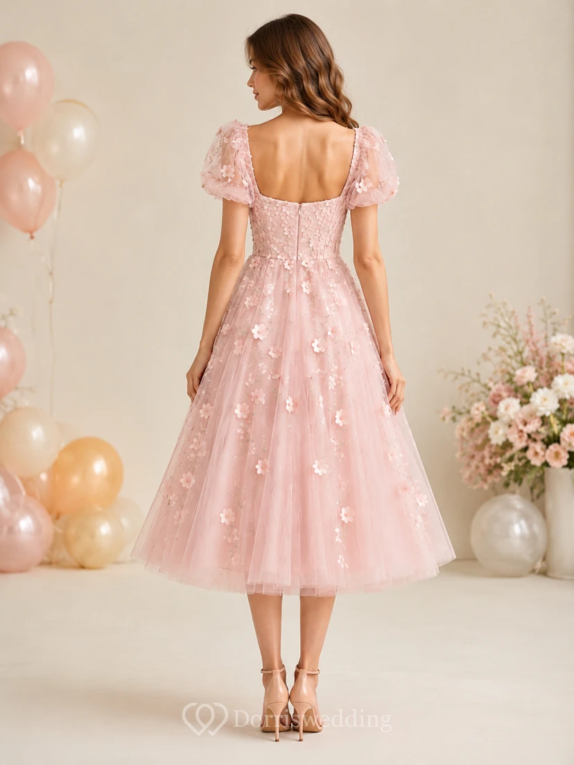 Vestido de fiesta de cumpleaños largo hasta la rodilla de tul con estampado floral rosa view 2
