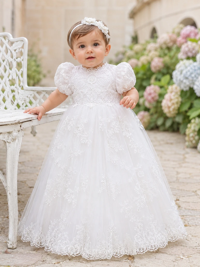 Puff Sleeve Christening Gown A-Line Lace Tulle High Neck Full Skirt