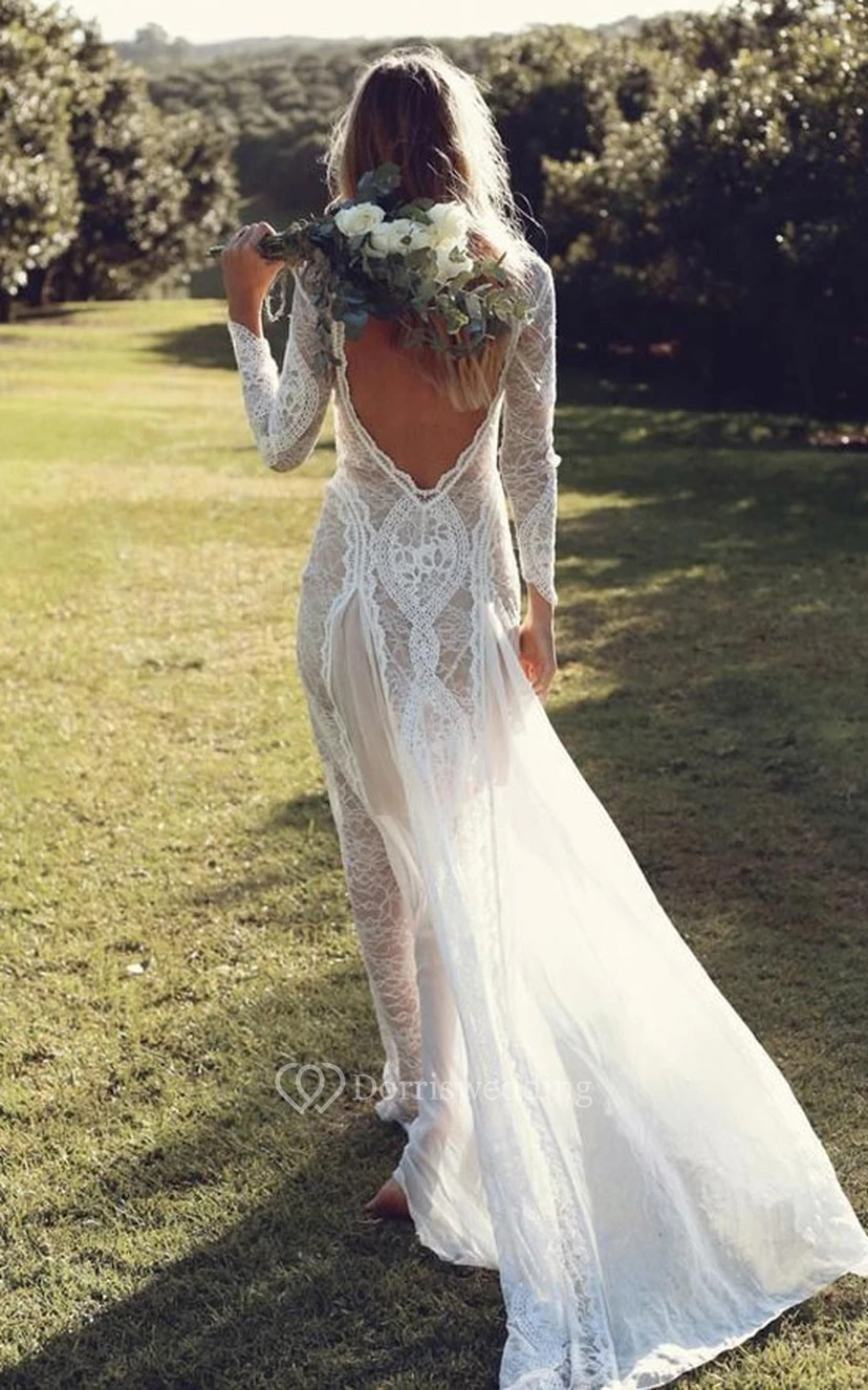 Vestido de novia bohemio de manga larga con encaje | Vestido de novia blanco para fuga romántica estilo western bohemio | Vestidos de novia civiles view 2