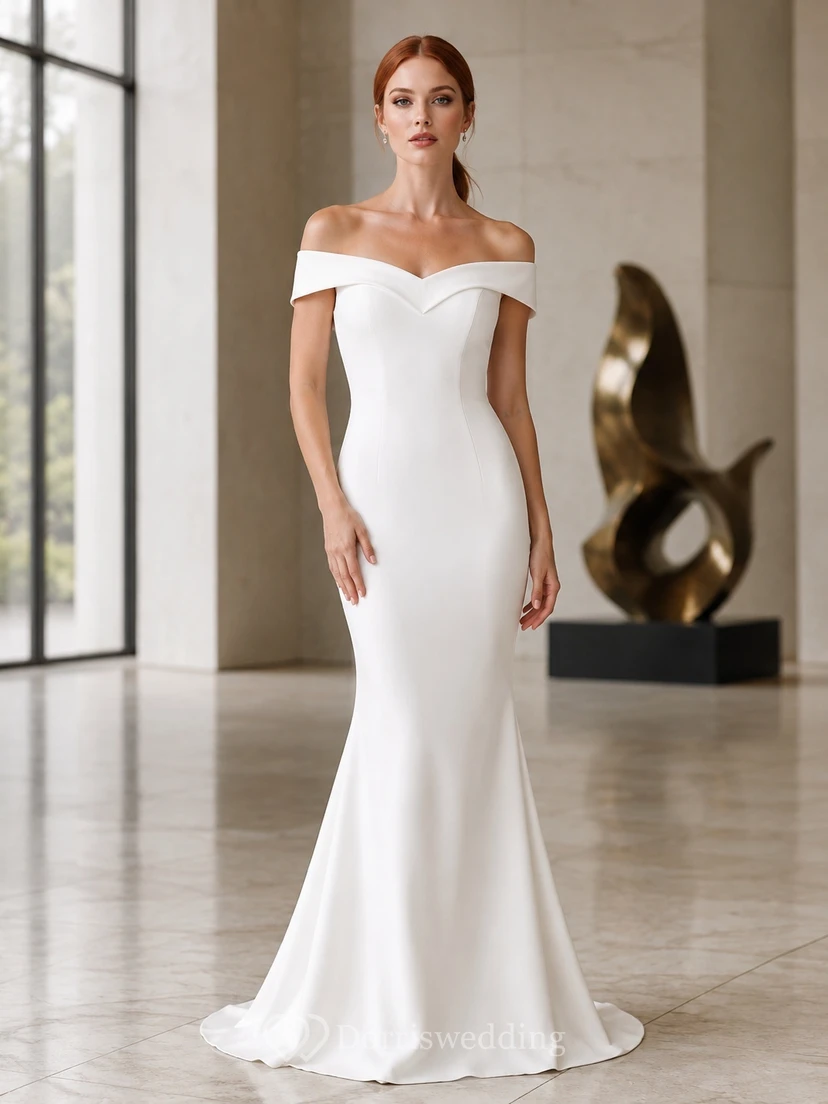 Satin Off-the-shoulder Mermaid Floor-length Sweep Train Elegant Wedding Dress