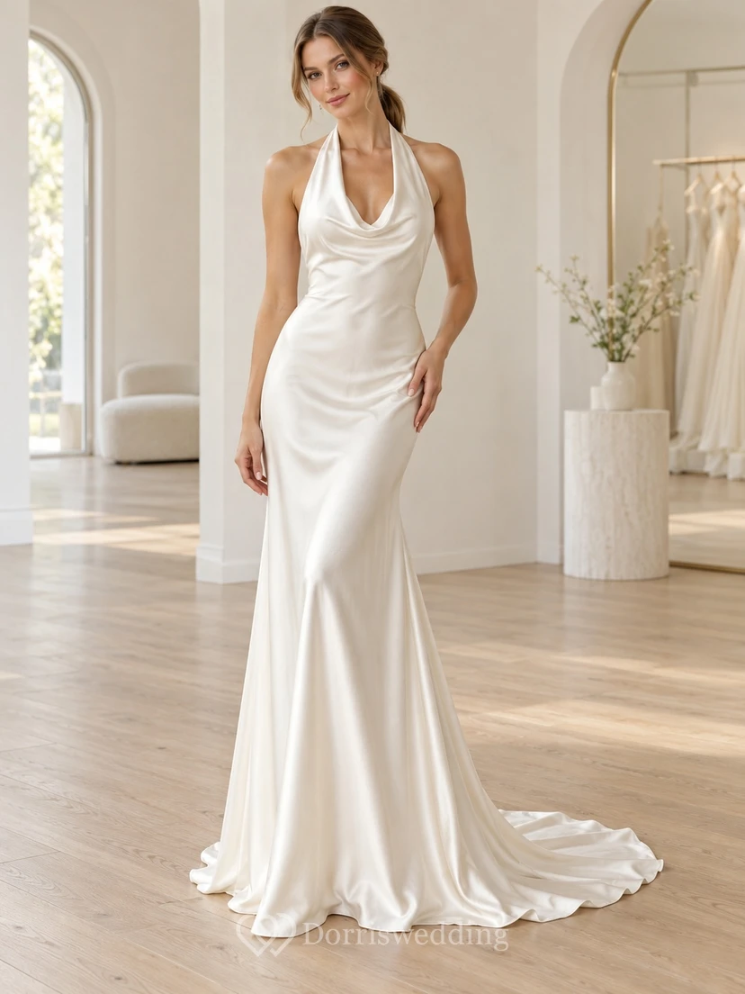 Simple Halter Cowl Satin Backless Sheath Sweep Train Wedding Dress