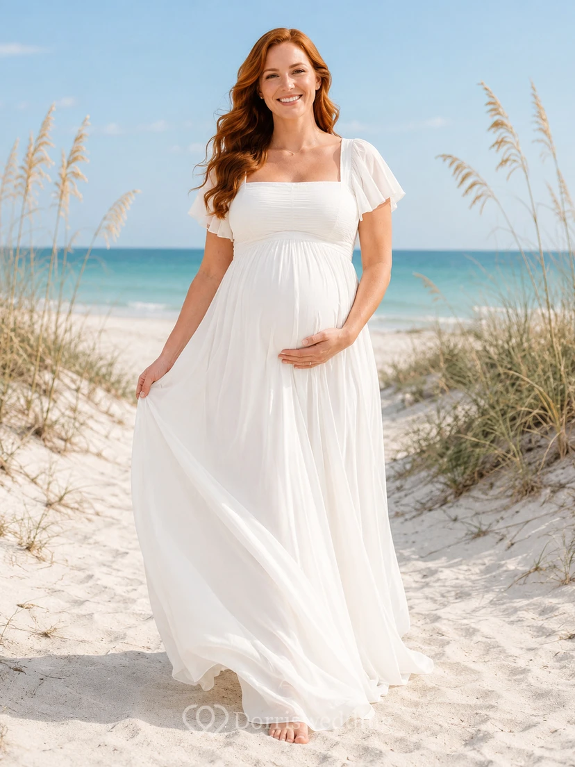 Robe de mariée de maternité pour une escapade à la plage, col carré, manches papillon, en mousseline, coupe empire, trapèze