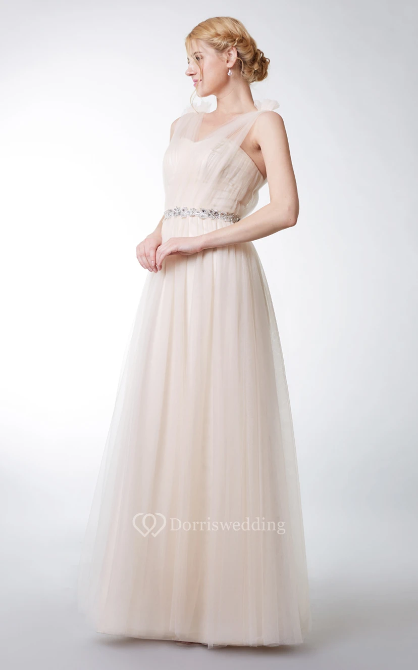 Sleeveless V Neck Pleated Long Tulle Dress With Applique Belt view 2