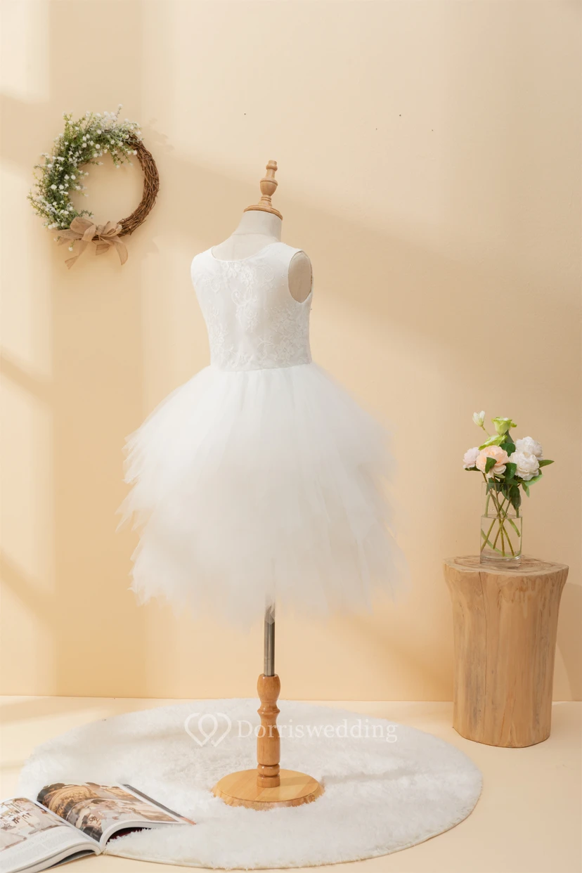 Short Ruffled Sleeveless Layered Plunged Tulle Flowergirl Dress view 9