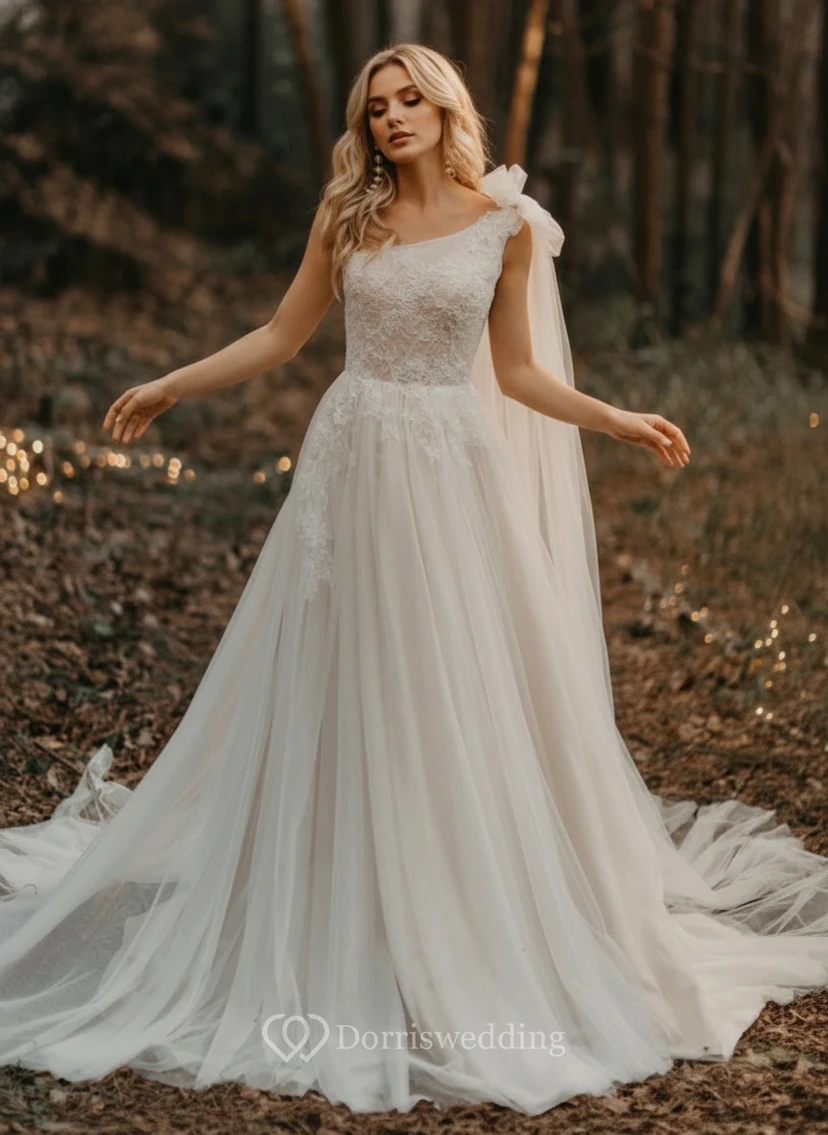 Meerjungfrauen-Hochzeitskleid aus Tüll und Spitze mit einer Schulter, Schleife