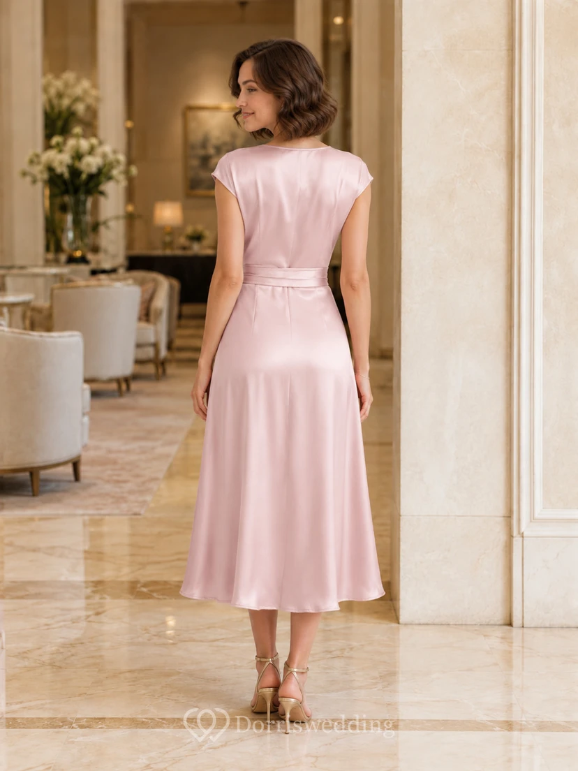 Robe de cocktail mi-longue fourreau en satin rose poudré à col en V, coupe portefeuille, taille basse, taille basse, en satin. view 2