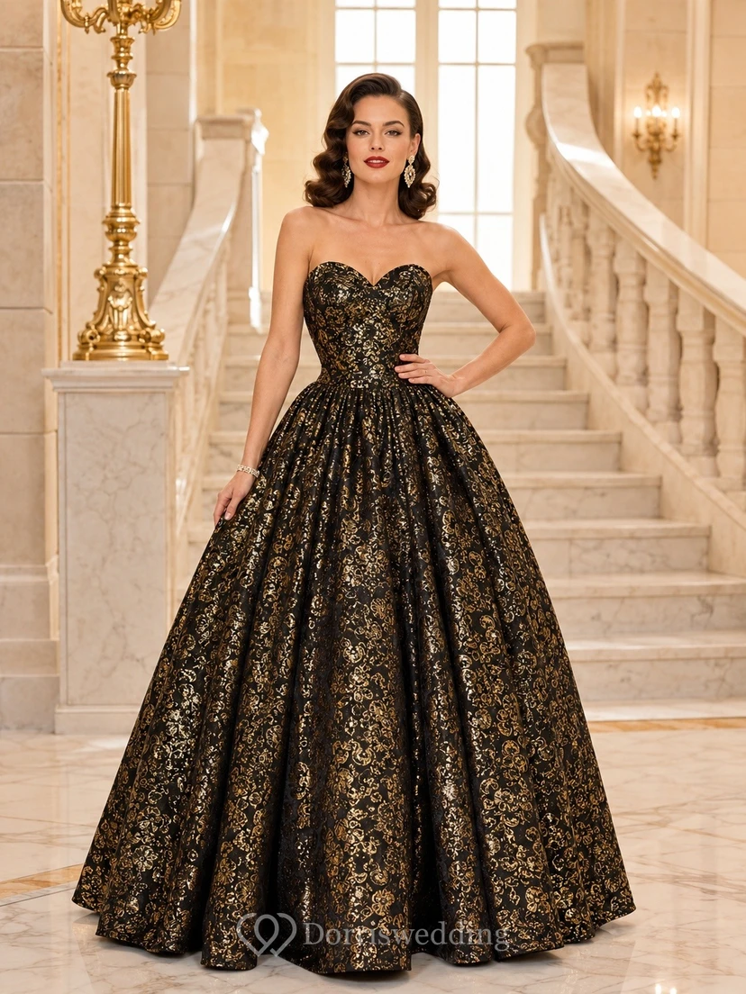 Vintage Black Gold Strapless Floral Brocade Ball Gown