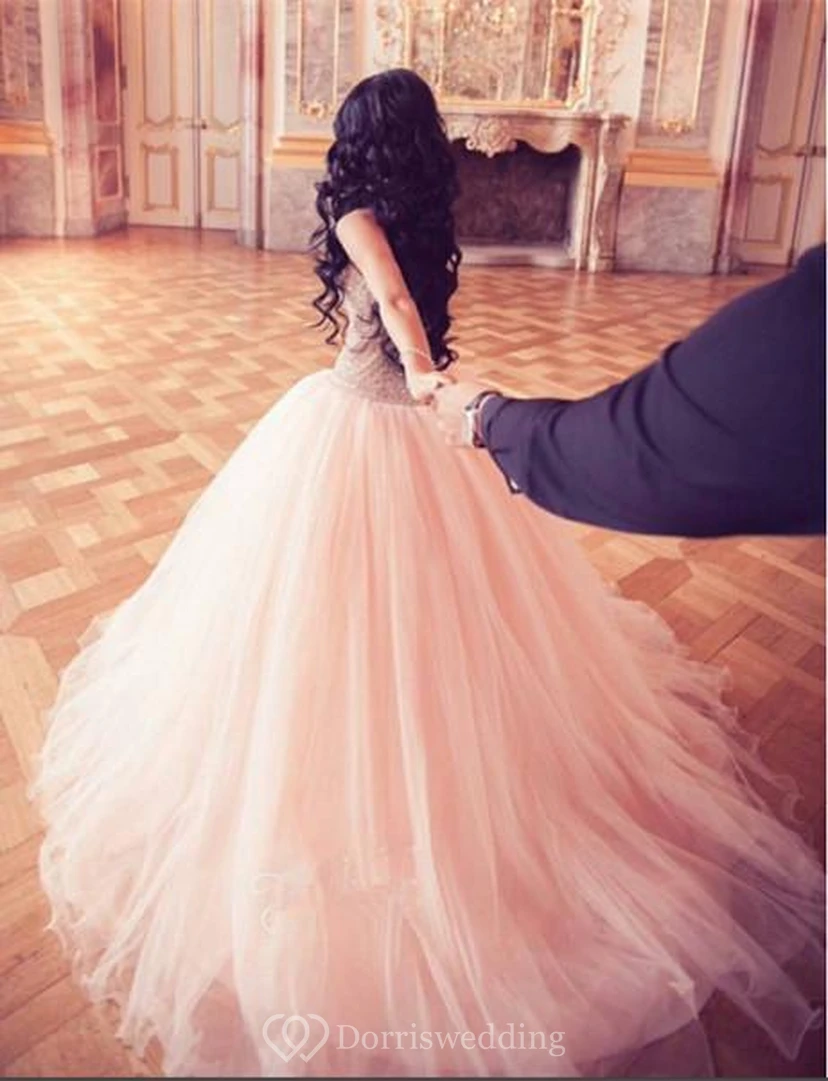 Impresionante vestido de noche de princesa de tul con cristales, largo hasta el suelo, ideal para quinceañeras.