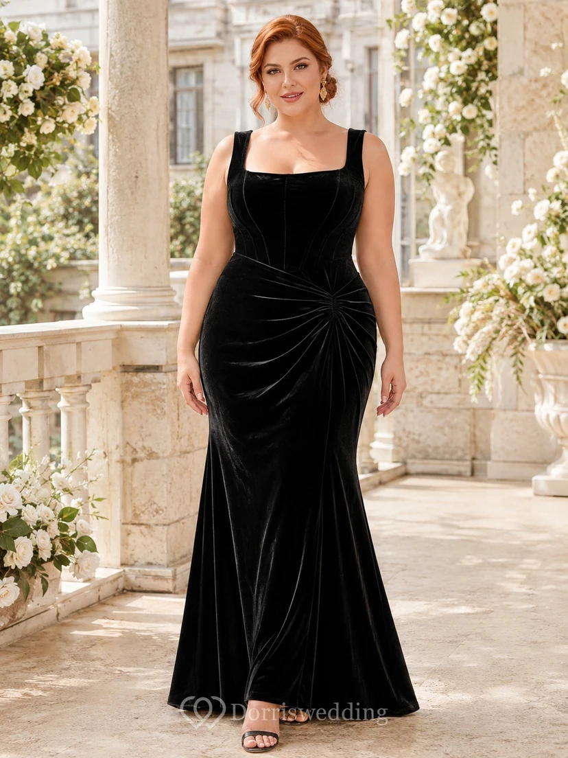 Black Velvet Scoop Neck Sleeveless Mermaid Floor-length Plus Size Modern Evening Gown