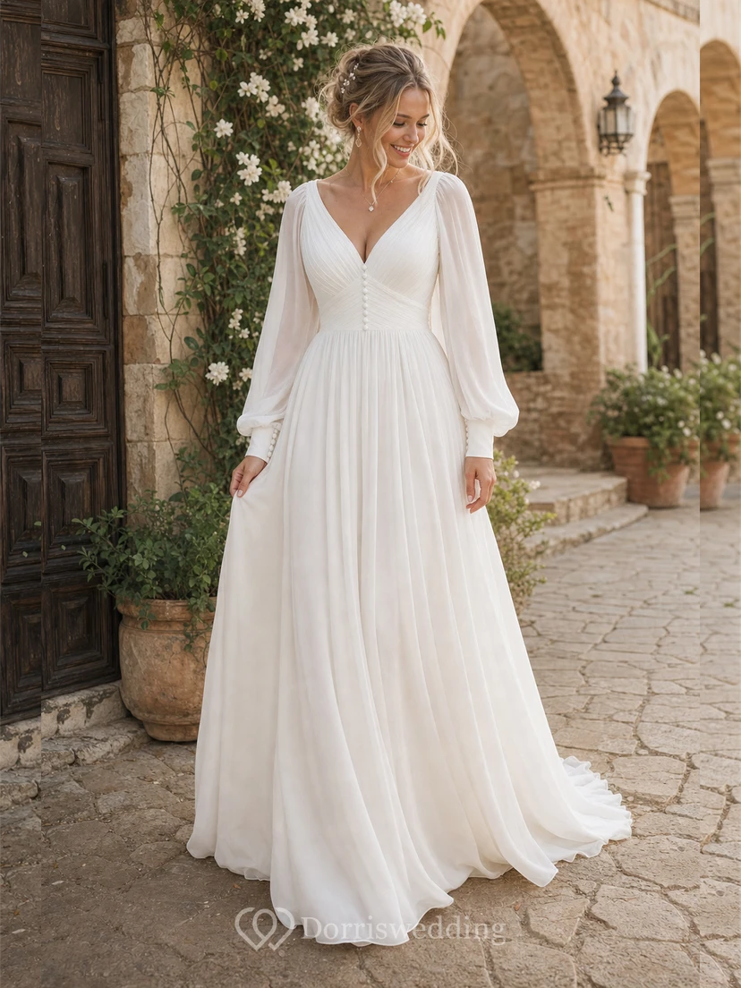Chiffon-Hochzeitskleid mit langen Ärmeln und Puffärmeln in Übergröße im Empire-Stil