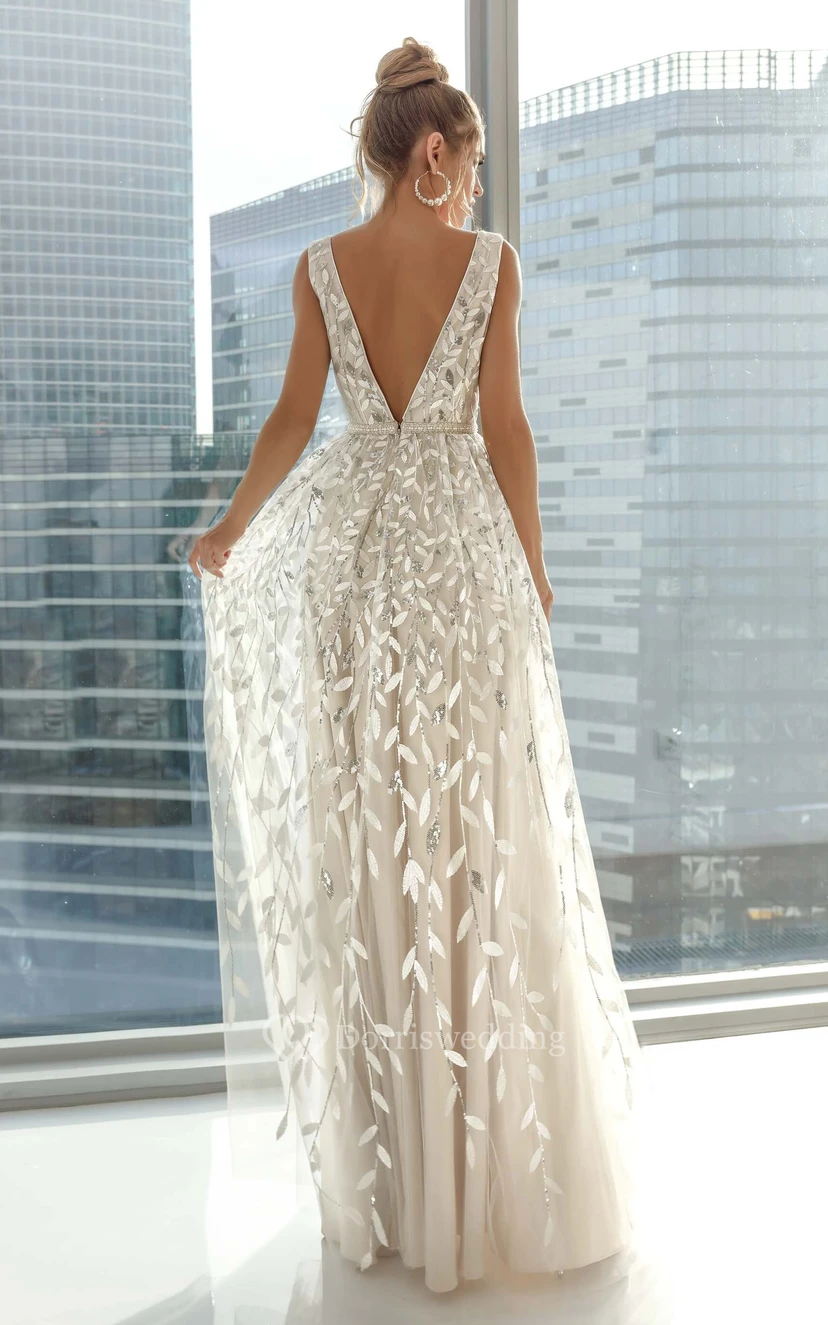 Ärmelloses, bodenlanges Ballkleid mit V-Ausschnitt, A-Linie, Empire-Schnitt und Stickerei view 7