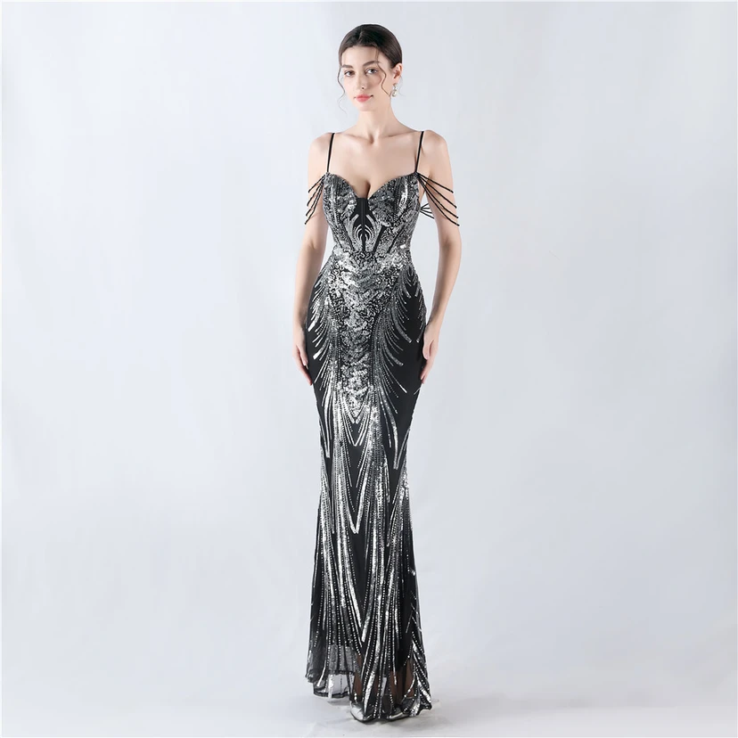 Waist-Reduced Fishbone Shaping Positioning Flower Sequined Anchor Sexy Beaded Suspender Evening Dress view 81