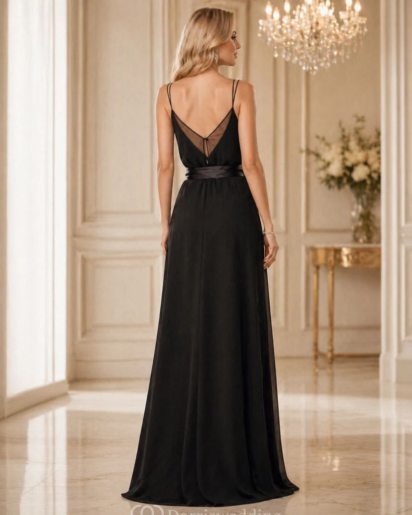 Floor-length Spaghetti Strapped V-neck Chiffon&Tulle Dress With Illusion view 2
