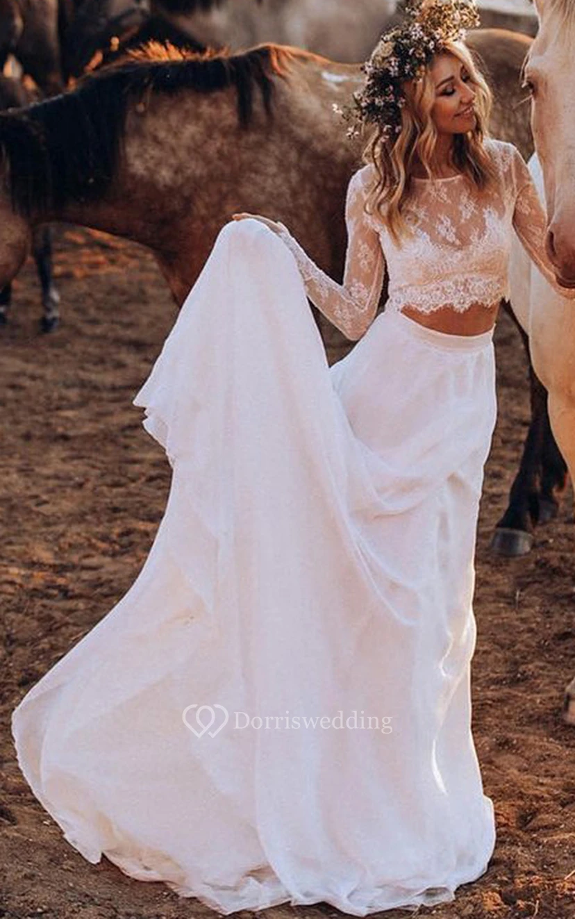 Vestido de novia bohemio de dos piezas | Conjunto de top corto de manga larga y falda de novia video preview