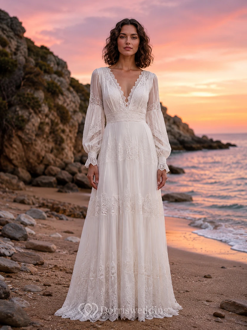 Beach Boho V-Neck Poet Sleeve Chiffon Wedding Dress
