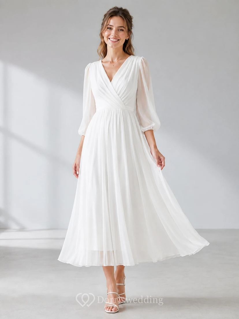 White Long Sleeve V-Neck Tea-Length Chiffon A-Line Wrap Dress