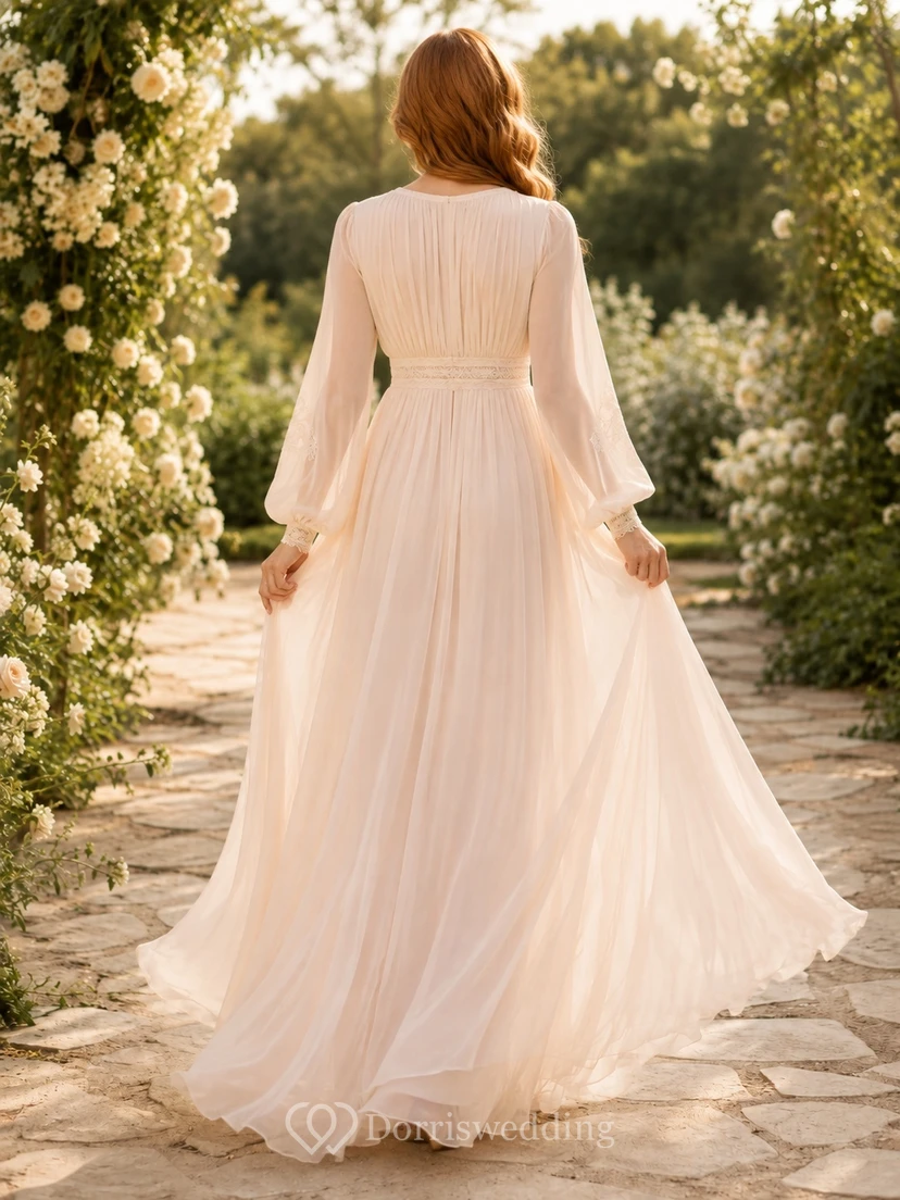 Bohemian V-Neck Long Poet Sleeve Chiffon A-Line Floor-Length Vow Renewal Wedding Dress view 2