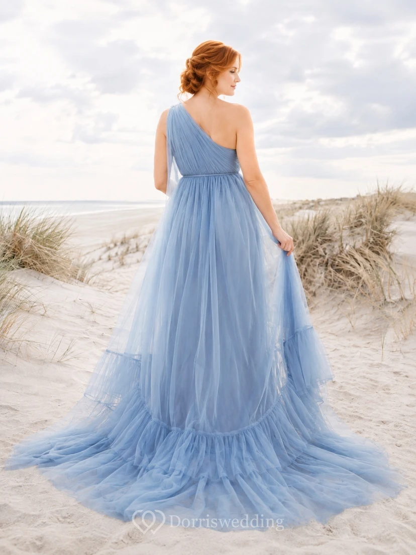 Pool Maternity Chiffon Tulle One-shoulder Empire A-Line Sweep Train Boho Gown view 2