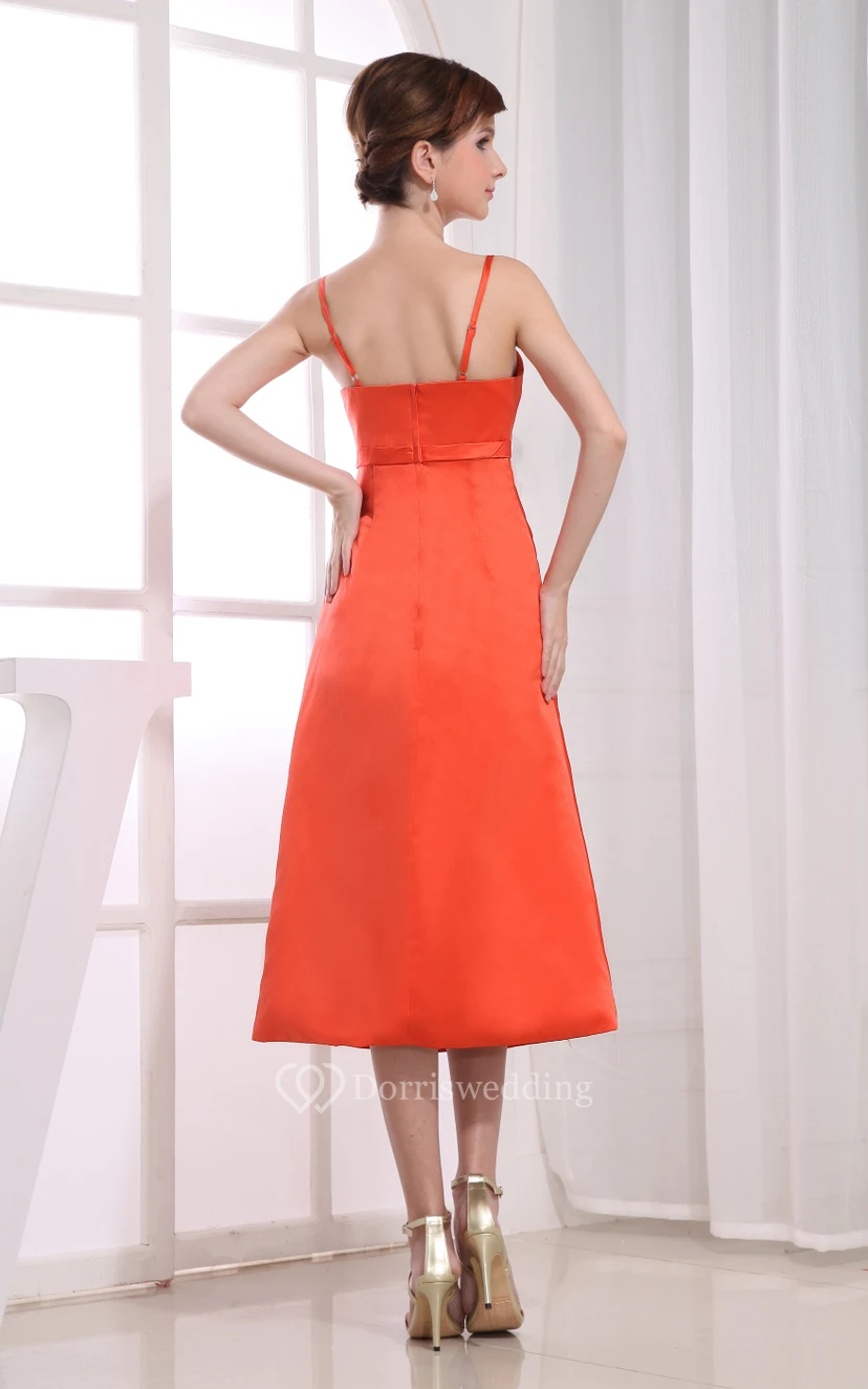 Chic Sleeveless Tea-Length Satin Dress With Beading view 6