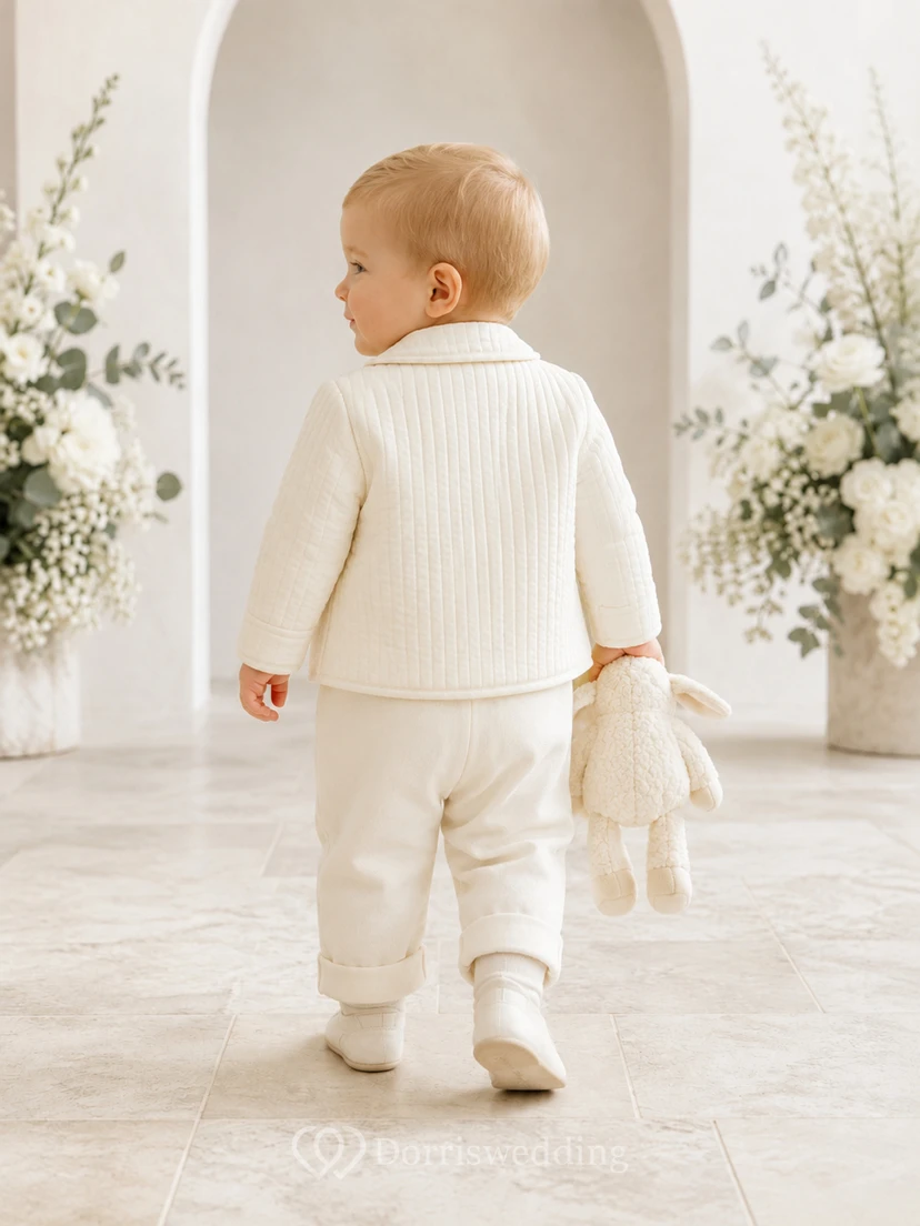 Conjunto de chaqueta de bautizo de manga larga con cuello de punto acanalado color crema para bebé niño view 2