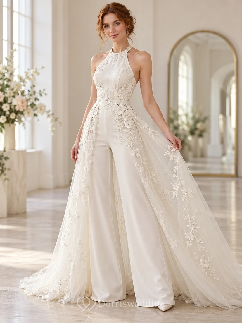 Halter Floral Lace Wide Leg Trained Overskirt Bridal Jumpsuit