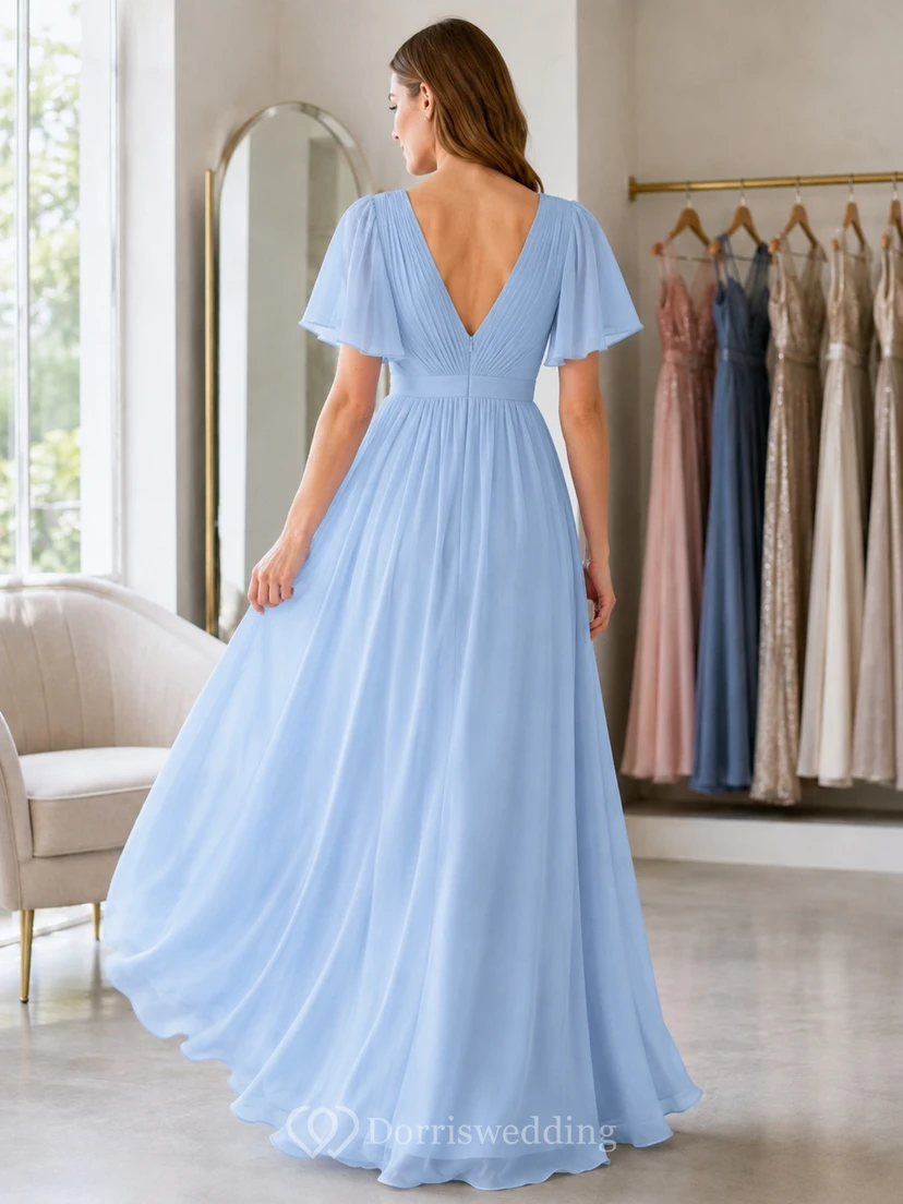 Vestido formal de gasa azul cielo con escote en V y manga corta, corte en A view 2