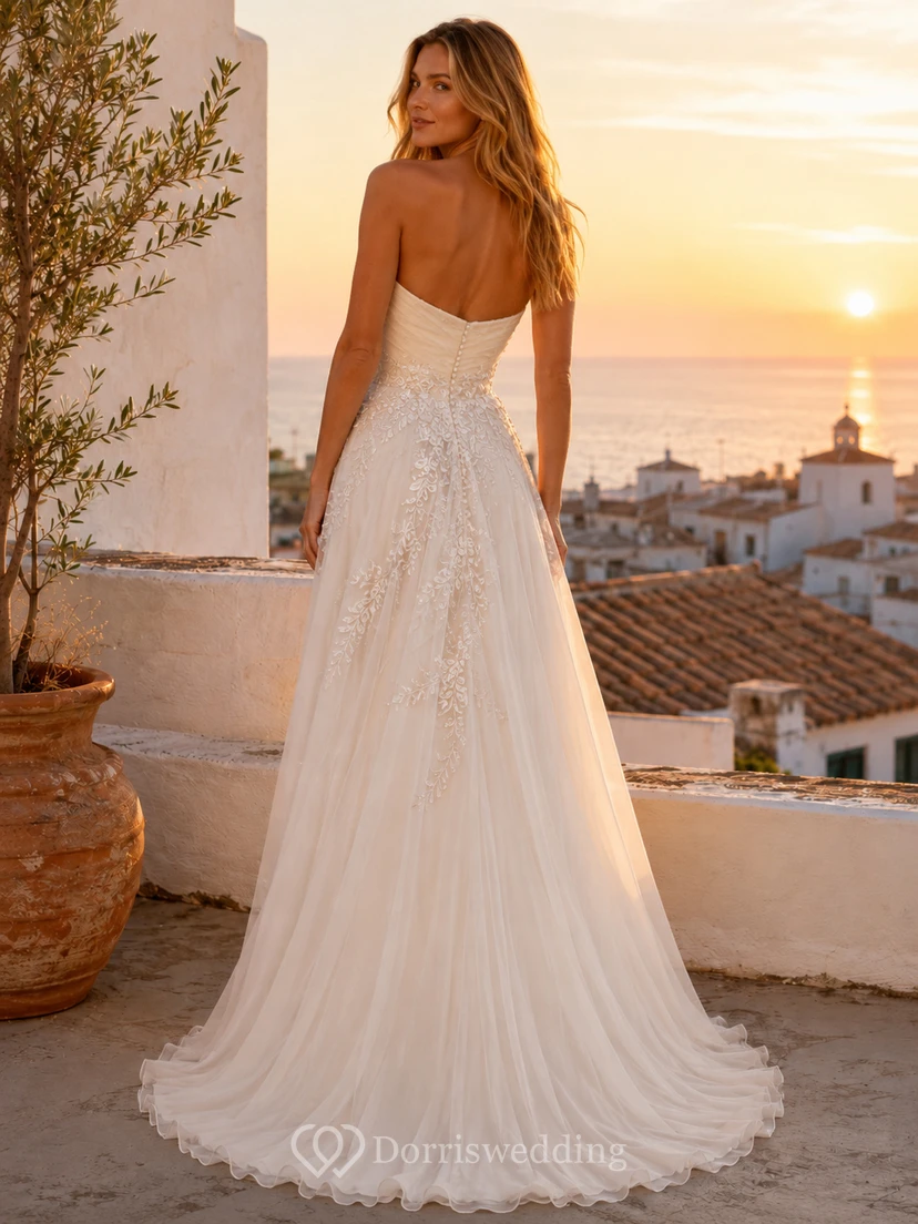 Romantic Strapless Sweetheart Ruched Chiffon A Line Sweep Train Beach Wedding Dress view 2