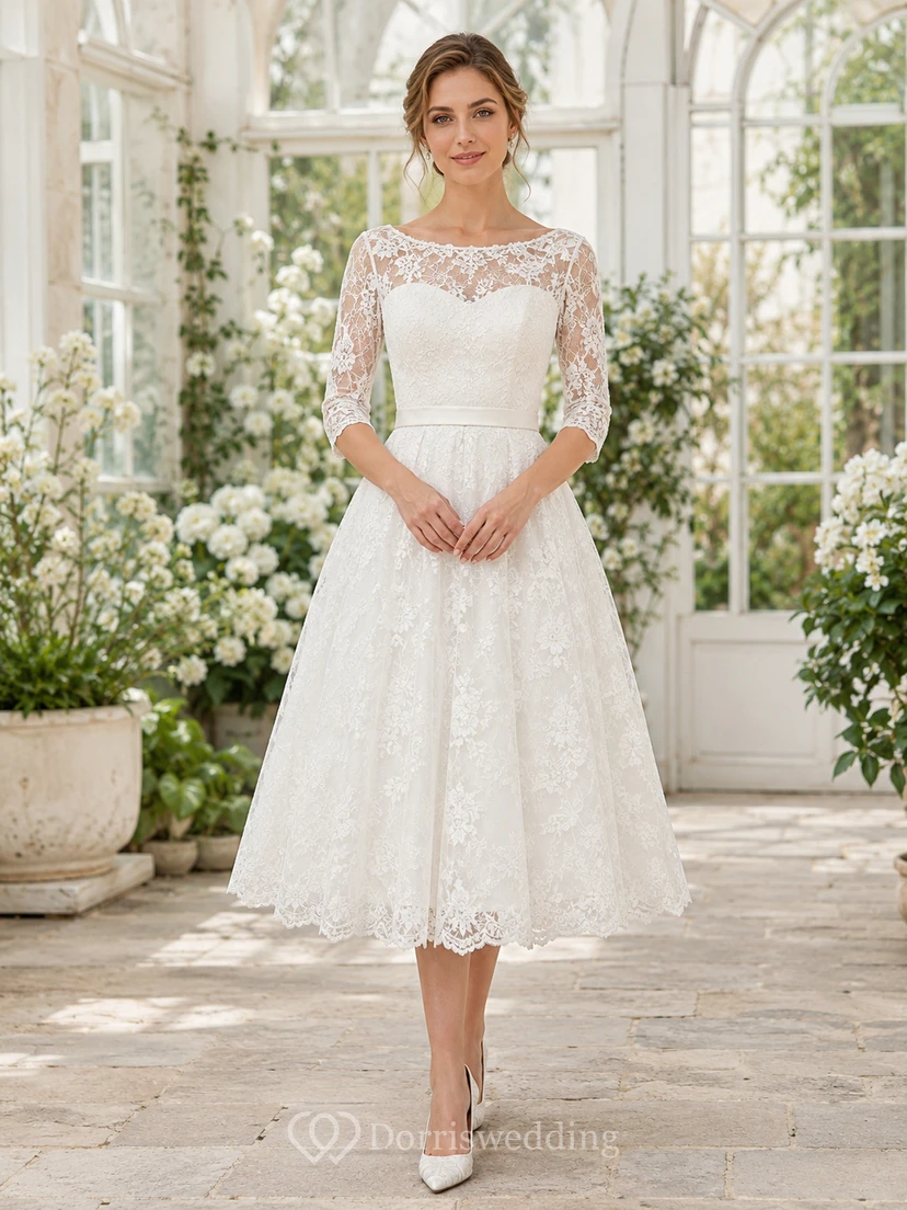 Vintage White Tea-Length Bateau Sweetheart Lace Sleeve Garden Dress Outdoor