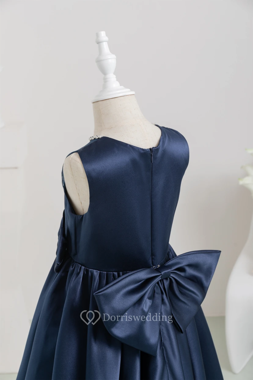 Jewel Satin Short A-line Bowed Dark Navy Flowergirl Dress view 9