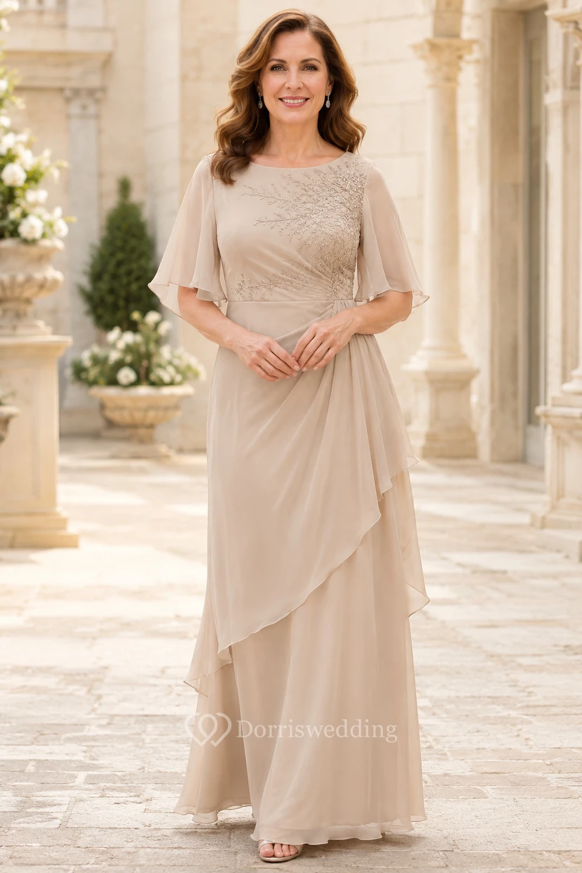 Champagnerfarbenes Chiffon-Kleid in A-Linie mit Spitzenoberteil und Volantärmeln