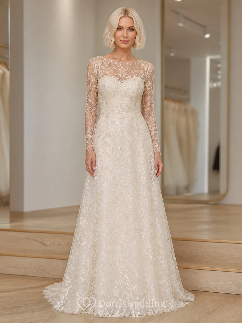 Vestido de novia modesto de manga larga y cuello alto con encaje para novias mayores