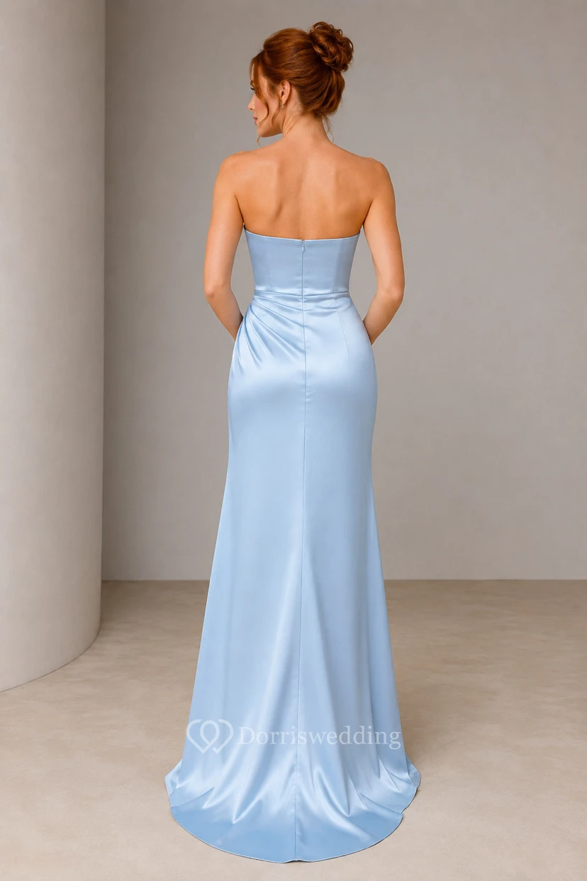 Evening Gown Sky Blue Satin Sheath Strapless with Slit Floor Length view 2