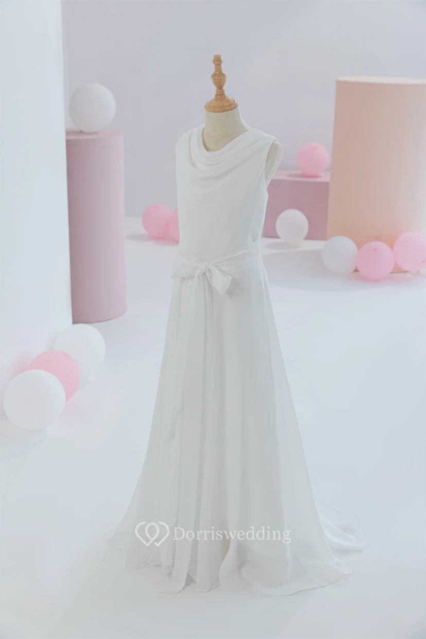 White First Communion Cowl-neck Sleeveless Floor-length Flowergirl Dress view 6