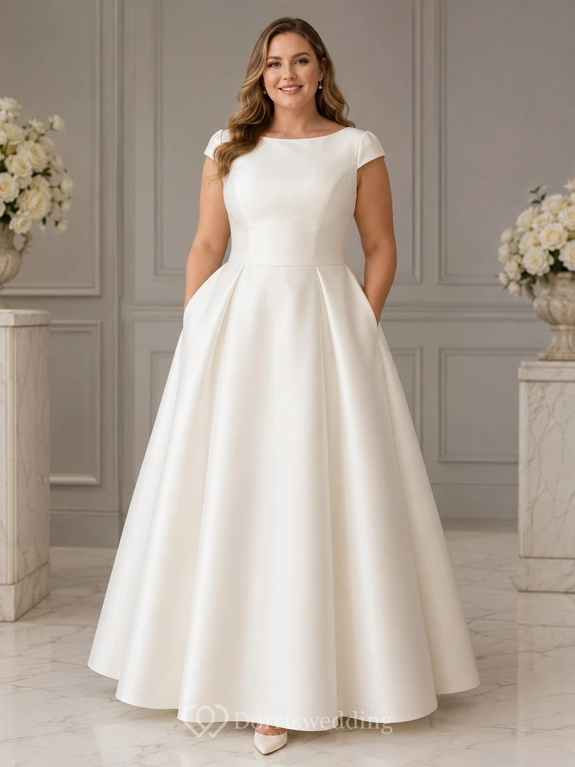 Plus-Size Satin-Brautkleid mit Rundhalsausschnitt, kurzen Ärmeln, schlichter A-Linien-Form, Knöchellänge und Taschen