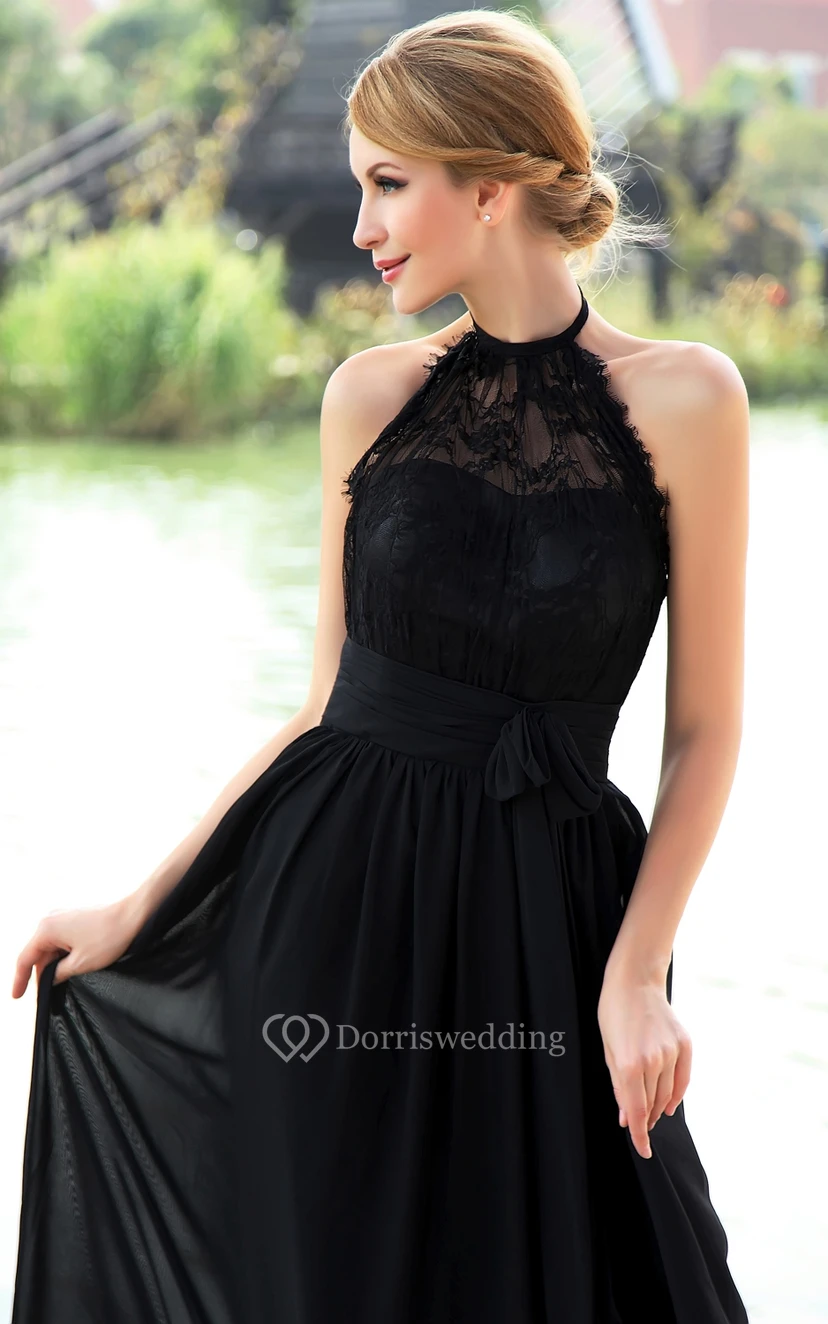 Chiffon High-Neck Strapless Floor-Length Dress With Halter view 4