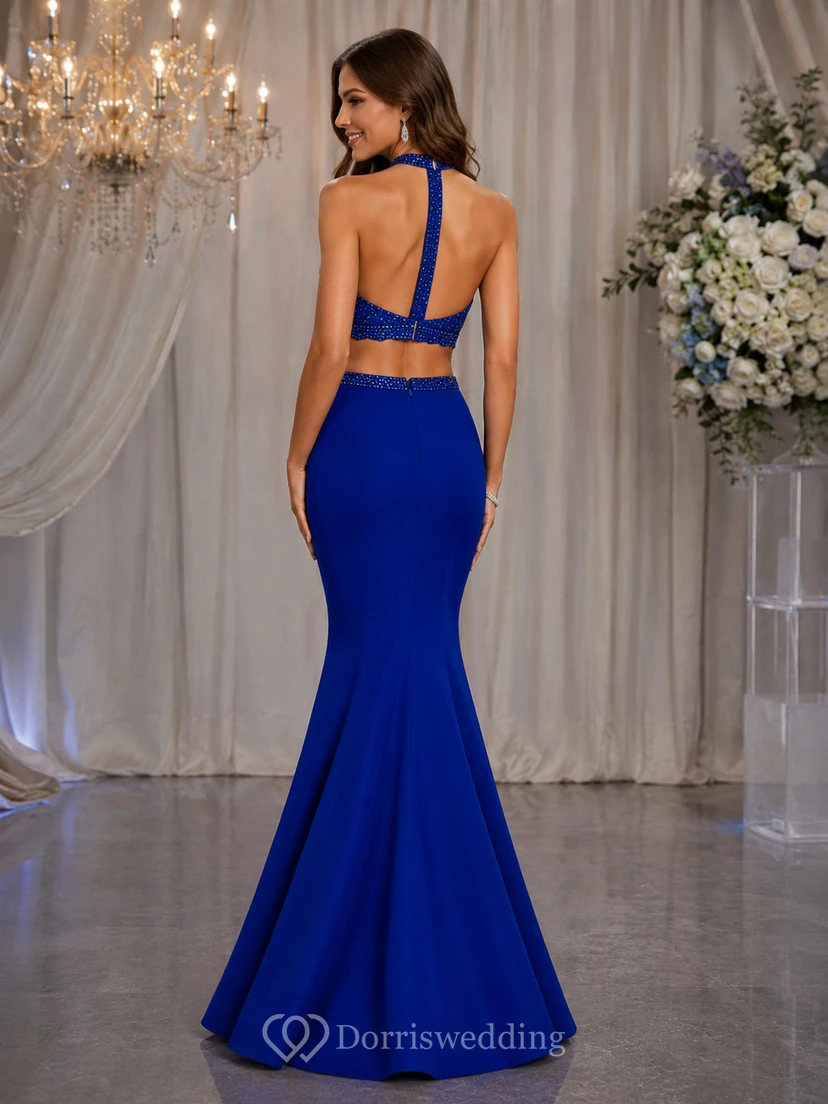 Royal Blue Two-Piece Beaded Halter Mermaid Prom Dress view 2