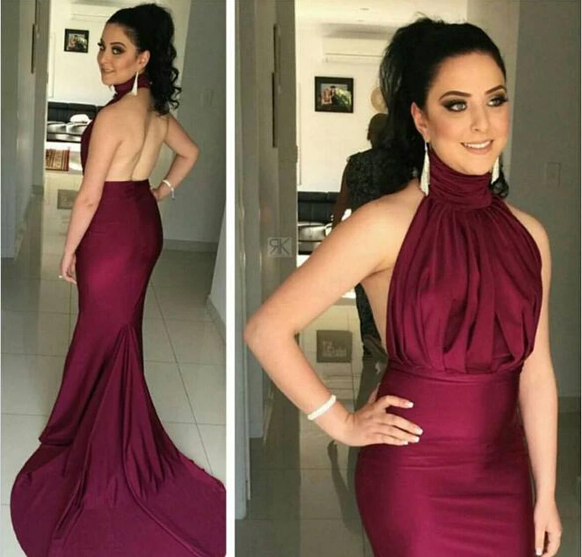 Glitz High-Neck Burgundy Prom Dresses Mermaid Long Party Gowns view 2