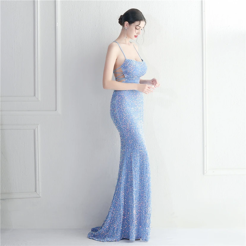 Vestido largo de noche con cola de pez, estilo europeo y americano, con lentejuelas y parte inferior de terciopelo. view 15