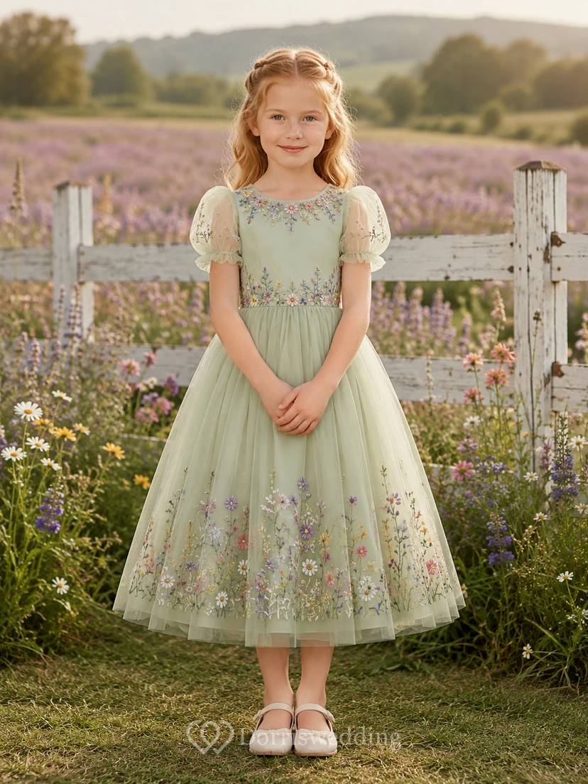 Sage Floral Embroidery Tulle Flower Girl Tea-Length Puff Sleeve Garden Dress