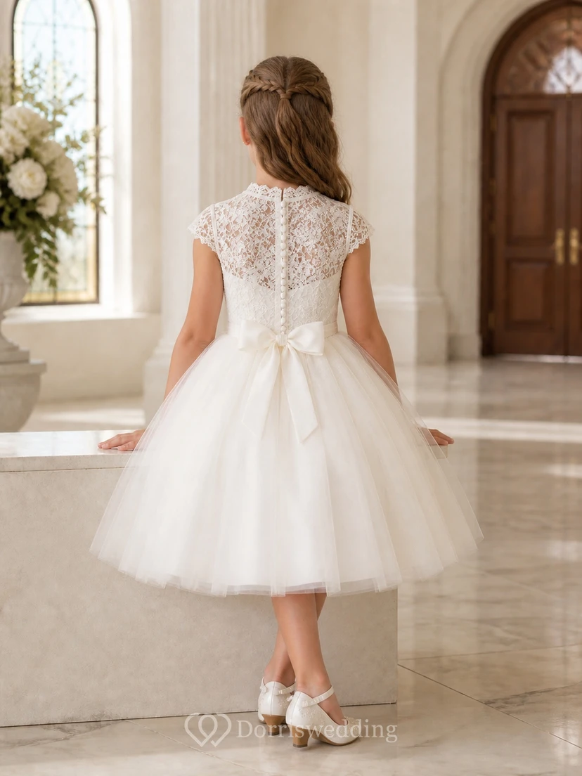 Robe de demoiselle d'honneur modeste en tulle plissé, coupe trapèze, col montant et manches courtes, longueur thé. view 2