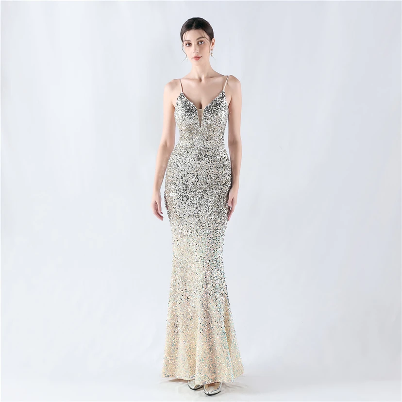 Samtiger, farbverlaufender, perlenbesetzter, sexy Strumpfhalter-Abendkleid view 37