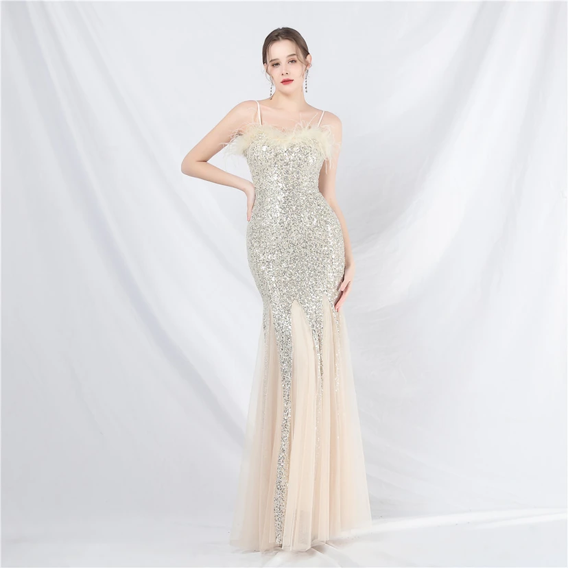 Craft Ostrich Feather Mesh Sequined Long Evening Dress view 10