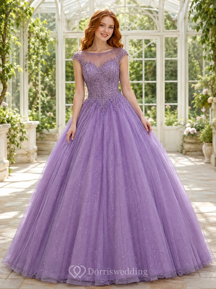 Lavender Prom Lacework Ball Gown Jewel Lace Short Sleeve Floor-length Romantic Dress