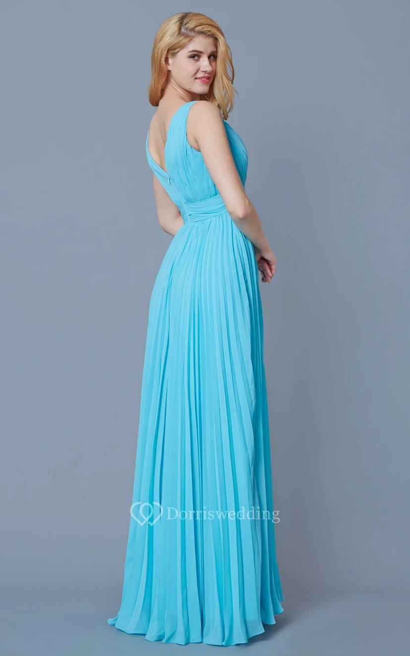 Sleeveless V Neck Pleated Long Chiffon Dress view 3