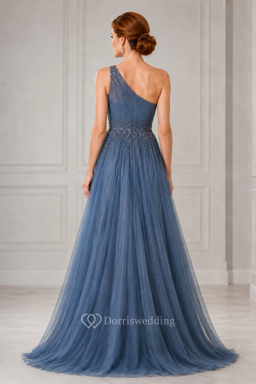 Slate Blue One-Shoulder Tulle A-Line Formal Dress with Beaded Waist view 2