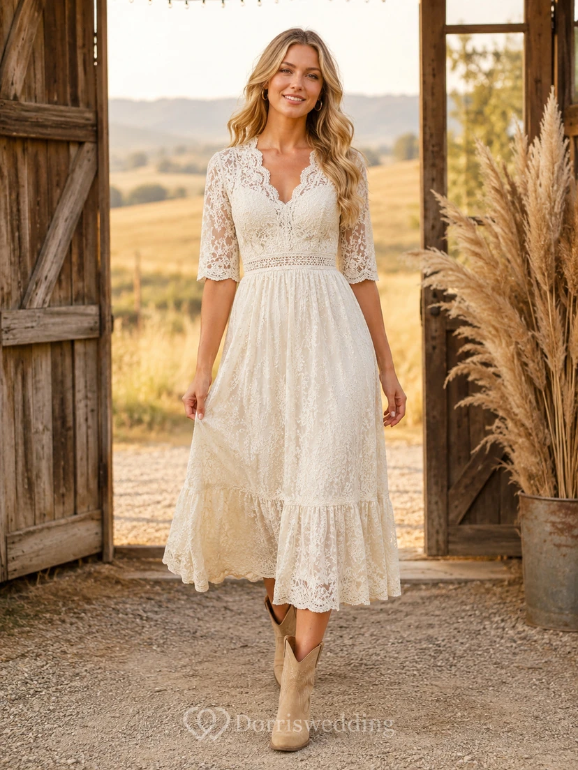 Lace Three Quarter Sleeve Country Reception Midi Dress