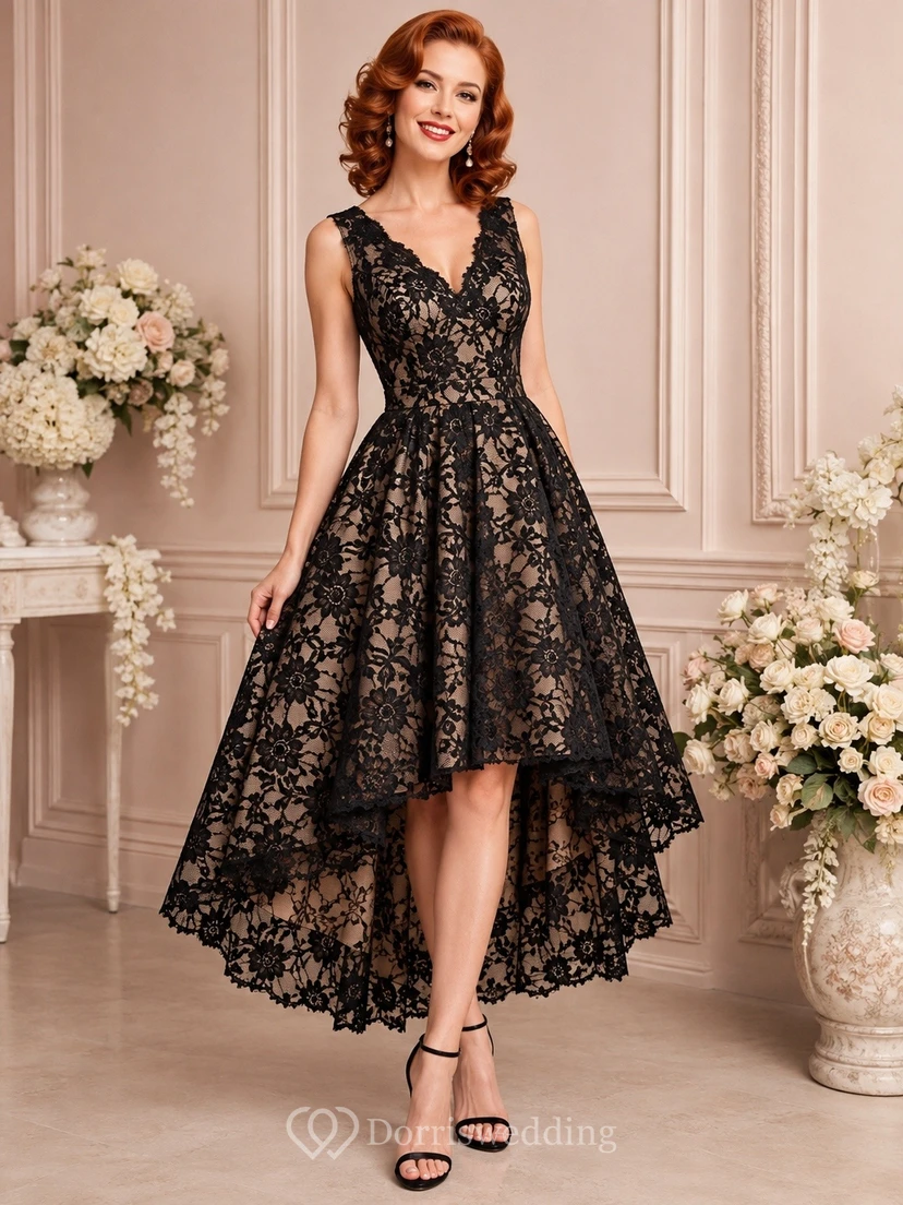 Black Gold V-Neck Sleeveless Floral Lace A-Line High-Low Cocktail Dress