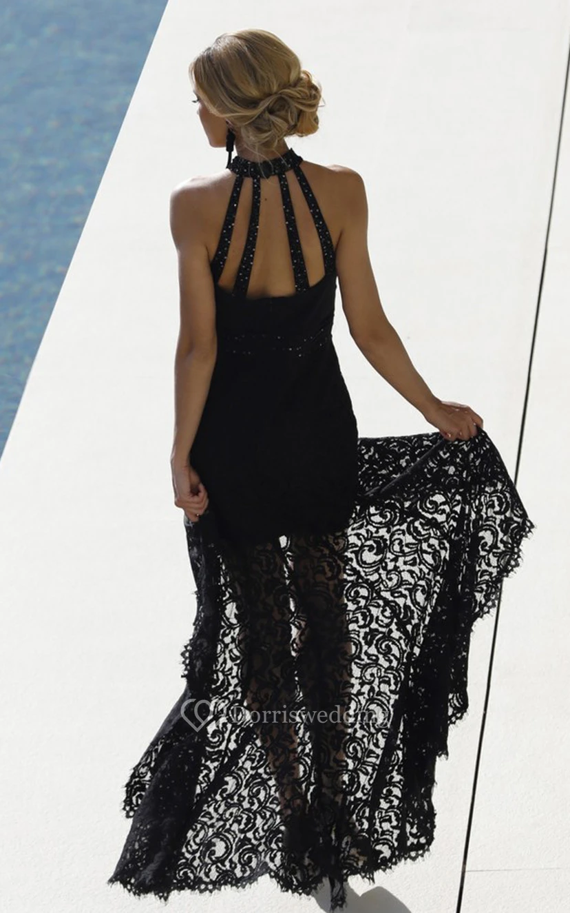 Robe de bal sexy dos nu en dentelle, fourreau sans manches, asymétrique avec perles view 2