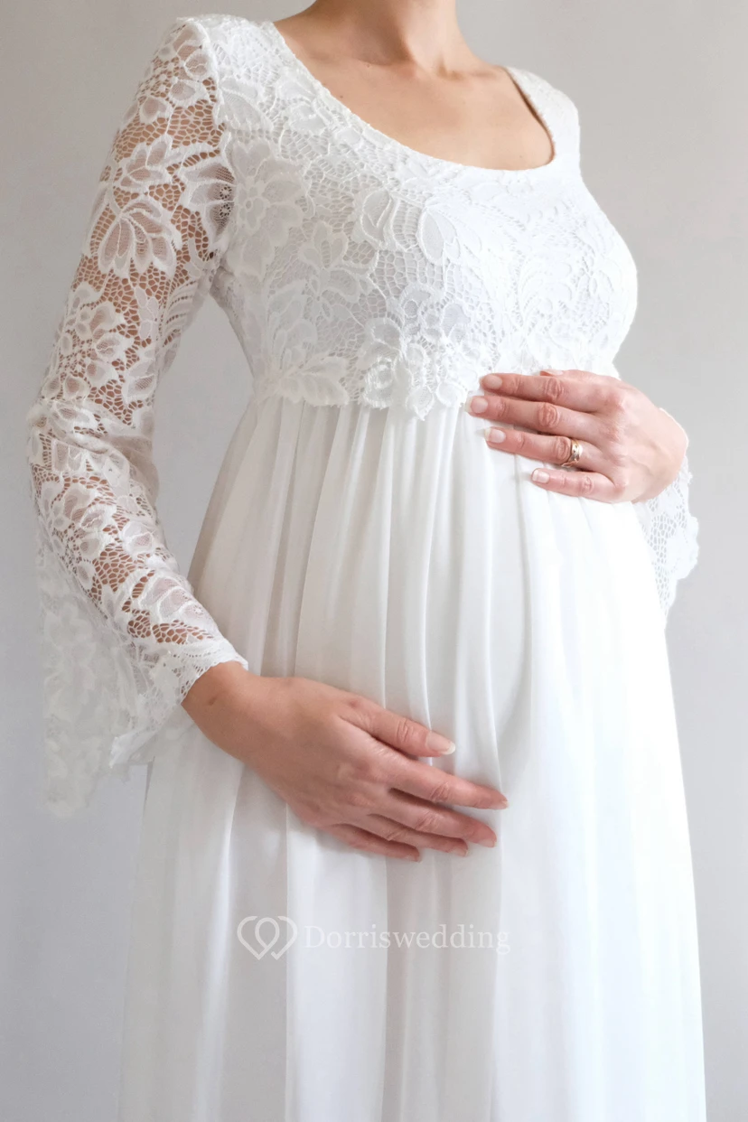 Robe de mariée empire en mousseline, manches longues, style simple/décontracté, taille haute et traîne. view 3