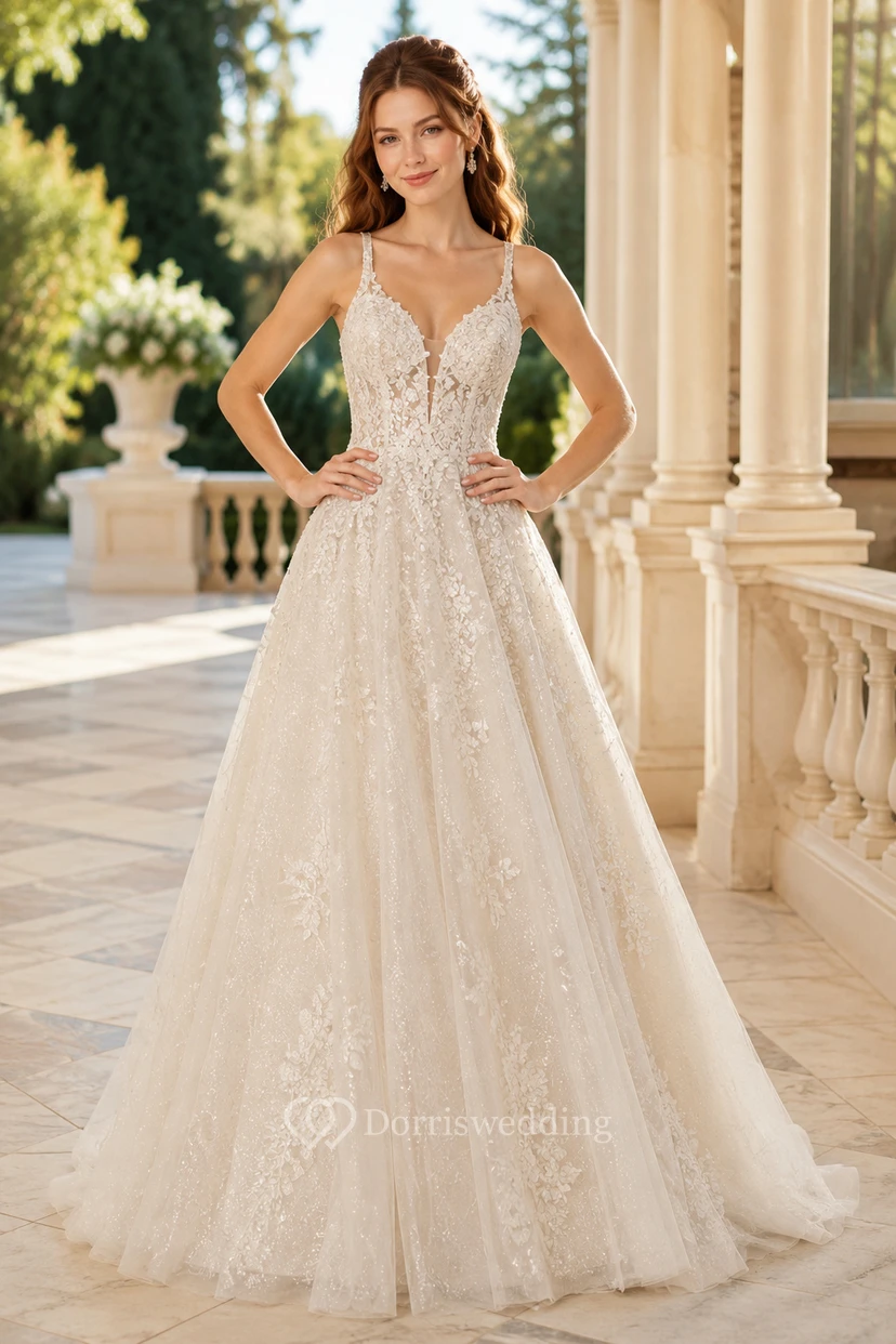 Robe de bal de mariée en tulle et dentelle à col en V, bretelles spaghetti et traîne chapelle